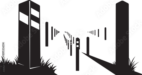 Black and white illustration of sound waves and speakers