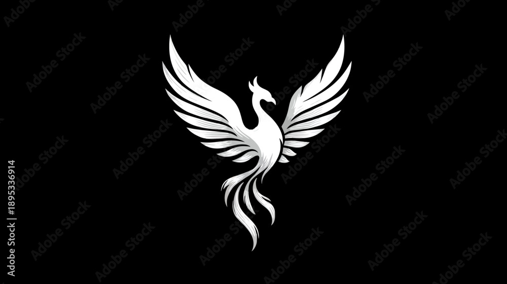 Fototapeta premium Elegant White Phoenix Bird with Spread Wings, Mythical Firebird Symbol on Solid Black Background