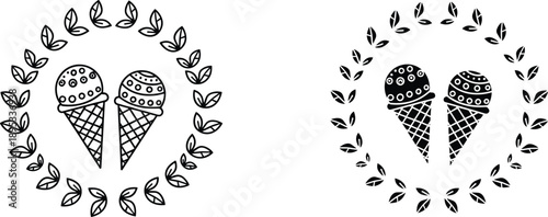 Ice cream cone emblem silhouettes, sweet dessert logo with leaf wreath, summer treat concept, vintage food badge illustration