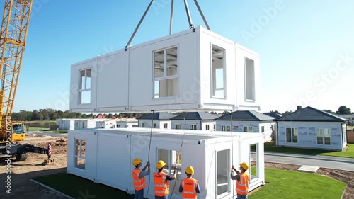 A modern construction site showcasing a crane lifting a modular building unit into place, surrounded by newly built homes under a clear blue sky, indicating rapid development