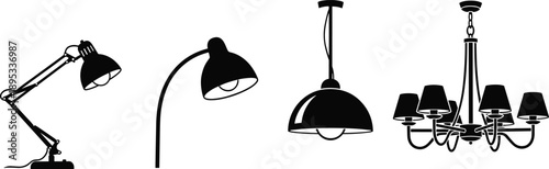 Lighting lamp silhouettes set, desk floor pendant chandelier lights, interior illumination concept, modern home decor, black vector illustration