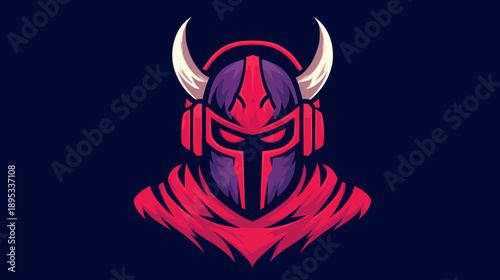 Modern Warrior Knight Helmet with Horns and Gaming Headphones Esport Avatar Mascot Design on Dark Background