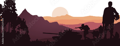 Soldiers in combat in a mountainous terrain at sunset