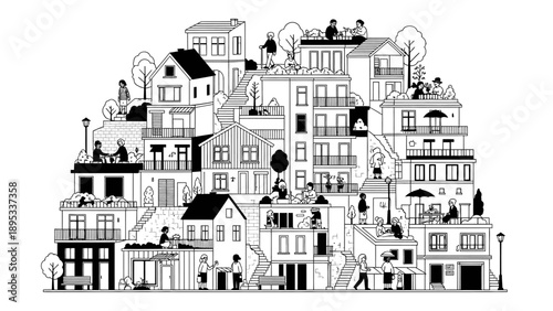 Diverse Urban Life and Community Illustration. People Living and Socializing in Densely Populated Modern Residential Houses
