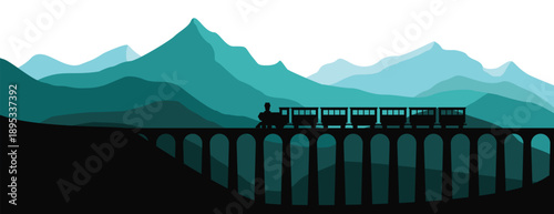 a flat vector Vintage train crosses high bridge with stunning mountain landscape