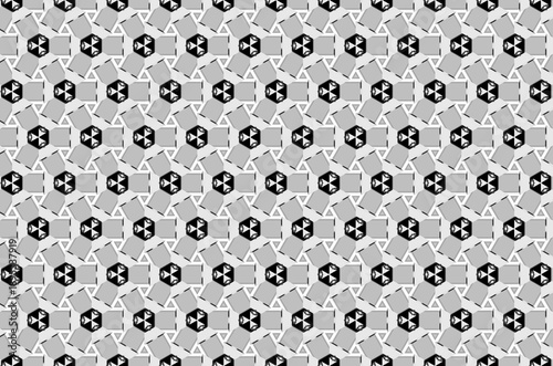 A background pattern of squares and triangles in black and white
