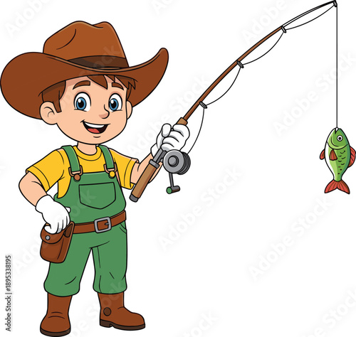 Cute cartoon boy fishing with rod and caught fish, colorful child angler illustration isolated on white background