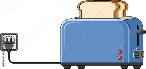Electric toaster with bread slices plugged into wall socket, simple cartoon illustration for kitchen appliance, breakfast food, and home cooking concept