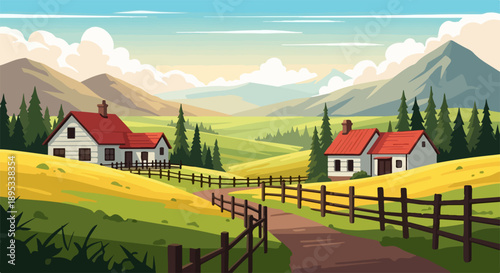 Scenic winter landscape illustration shows snowy hills, bare trees, winding path. Frosty evergreen pines, distant village, serene sunrise define peaceful winter landscape.