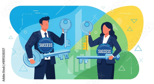 Business people holding keys to success with abstract background.
