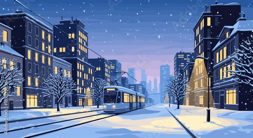 Scenic winter landscape illustration shows snowy hills, bare trees, winding path. Frosty evergreen pines, distant village, serene sunrise define peaceful winter landscape.