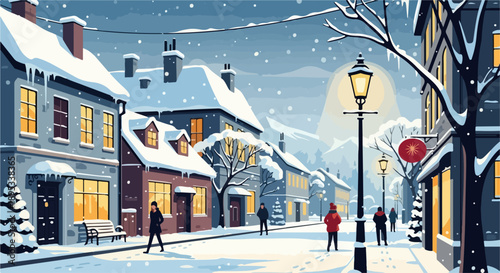 Scenic winter landscape illustration shows snowy hills, bare trees, winding path. Frosty evergreen pines, distant village, serene sunrise define peaceful winter landscape.