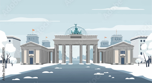 Scenic winter landscape illustration shows snowy hills, bare trees, winding path. Frosty evergreen pines, distant village, serene sunrise define peaceful winter landscape.