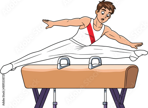 Male gymnast performing pommel horse routine in artistic gymnastics competition flat vector illustration isolated on white background