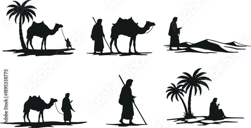 Desert silhouette vector set, camels and people, palm tree scenes, nomadic travel illustration, black and white Middle Eastern graphic