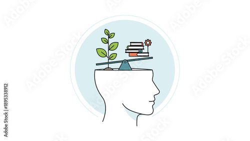 Conceptual Illustration of Mental Balance. Head Silhouette with Scale Balancing Growth and Knowledge.