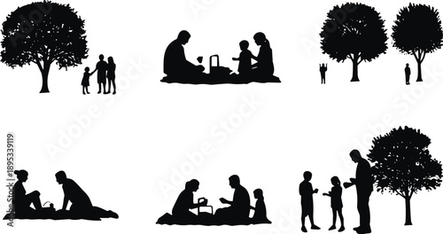 Family bonding silhouette collection, outdoor nature scenes, parents and children, black vector art, tree background, peaceful moments, parenting concept