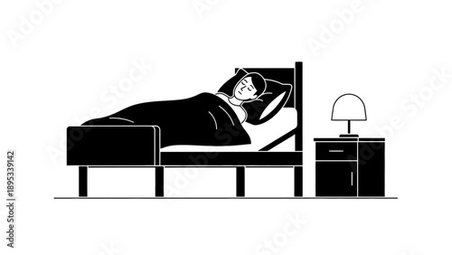 Minimalist illustration of a person sleeping peacefully in bed, representing healthy sleep habits, rest, and mental wellbeing.