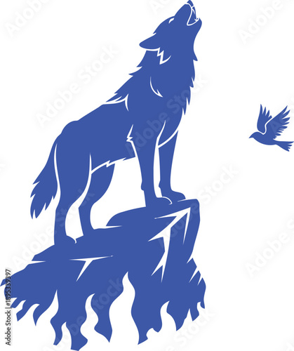 Blue wolf howling on rock with bird flying