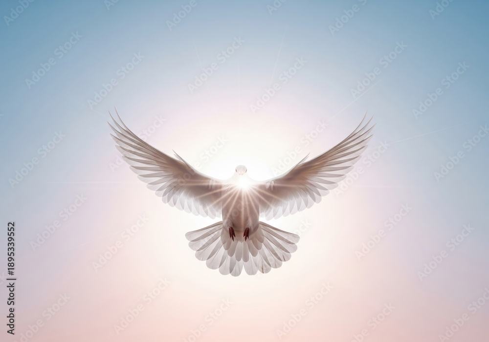 Fototapeta premium Peaceful white dove soaring with bright light, symbolizing hope and freedom against a serene sky