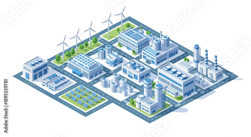 Isometric illustration of a modern industrial complex featuring renewable energy sources like wind turbines and solar panels alongside various factory buildings.