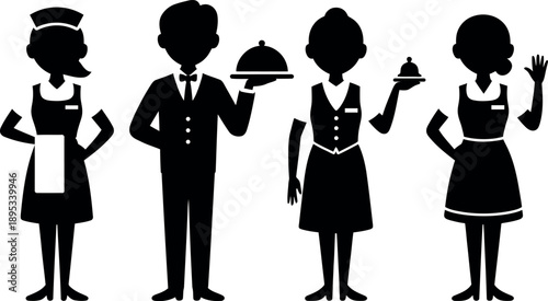 Collection of service staff silhouettes in professional attire holding trays and bells isolated on transparent background