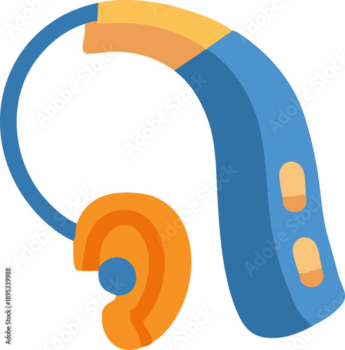 A flat vector illustration of a modern hearing aid with smooth rounded shapes and a blue and orange color palette