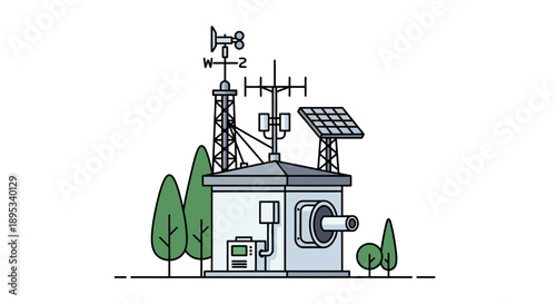 Illustration of a modern weather station with antennas, solar panels, and trees.