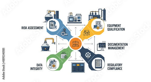 Diagram illustrating key industrial and business processes including risk assessment, equipment qualification, documentation management, regulatory compliance, and data integrity.