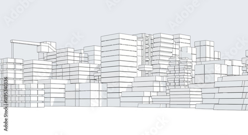 Abstract wireframe city skyline illustration with geometric buildings and a crane in a minimalist style.