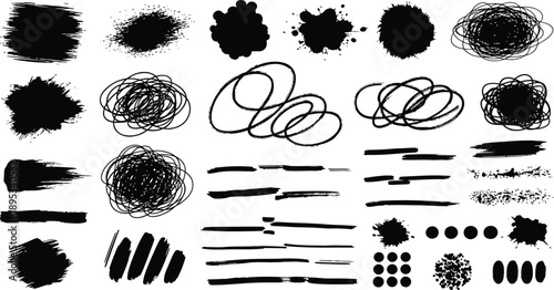 Black Ink Splatter, Doodles, and Brush Stroke Elements