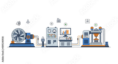 Industrial automation process with machinery, control panels, data analysis, and quality control equipment.