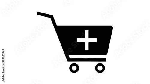Vector illustration of an online shopping cart icon with a plus sign, signifying adding items for purchase, on transparent background