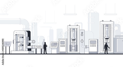 Illustration of a modern industrial factory floor with various large machines, control panels, and two workers overseeing operations in a manufacturing plant.
