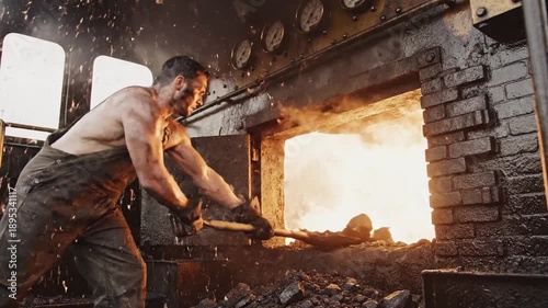 A blacksmith vigorously working in a forge, surrounded by flying sparks and intense flames, showcasing traditional metalworking techniques in a historic workshop setting