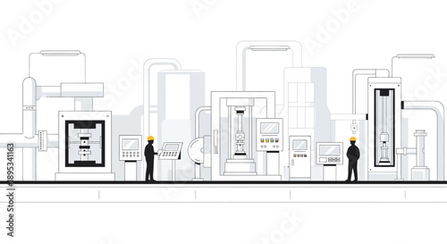 Modern automated factory with advanced machinery and control panels, overseen by workers in hard hats.