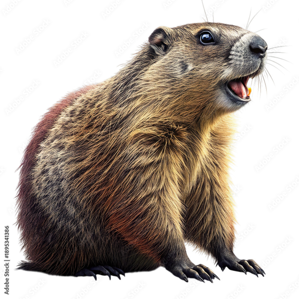 Fototapeta premium Detailed red-brown groundhog looks up in cheerful upright pose.