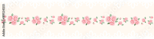 Elegant floral lace banner with pink roses on ivory background, romantic vintage wedding divider