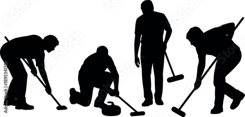 Diverse silhouettes of athletes playing the winter sport of curling on an isolated transparent background