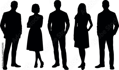 Diverse group of five people standing together as silhouettes on a white background representing unity and togetherness