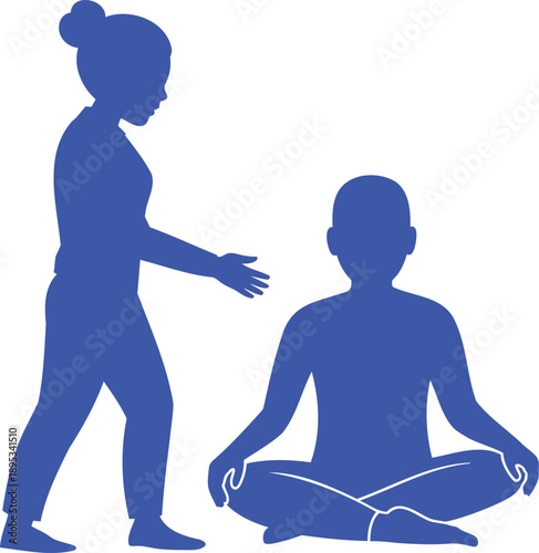 Woman assisting person meditating in lotus pose blue