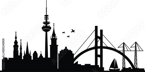 Modern city skyline silhouette illustration showing urban architecture, bridge, tower, and power lines representing metropolitan landscape, travel destination, infrastructure development, and smart 
