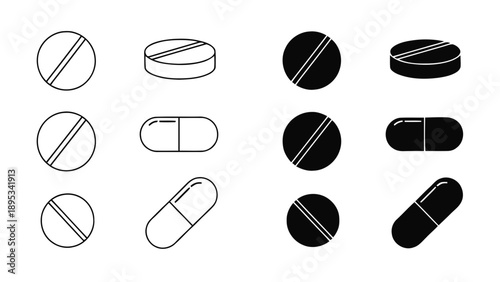 Vector illustration of various medical pills and capsules icon set, on transparent background