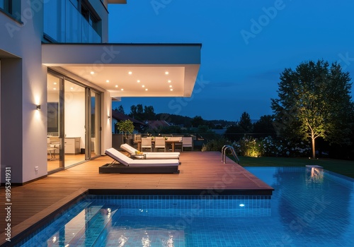 Architectural view of a luxury outdoor deck seamlessly integrated with a modern residential swimming pool, offering relaxation and summer leisure ,sunny ,pristine ,refreshing