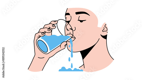 Illustration of a man drinking a glass of water, concept of hydration, healthy lifestyle, and body fluid intake.