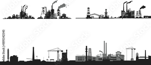 Industrial silhouette, factory vector, refinery illustration, smokestack graphic, energy production, manufacturing scene, urban industry, pollution concept, economic development, infrastructure