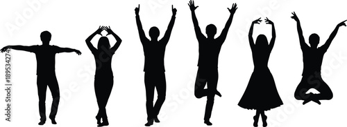 Group of diverse human silhouettes jumping and dancing in joyful celebration, isolated on white background, representing freedom, happiness, teamwork, energy, and positive lifestyle concept