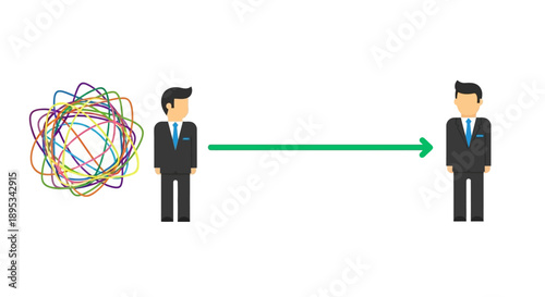 Simplifying Complexity: Businessman clarifying a tangled problem into a clear solution flow path, effective communication process vector illustration.
