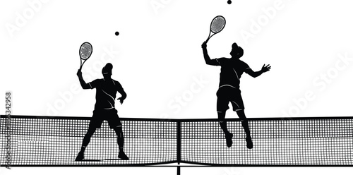 Silhouette of two tennis players competing at net, dynamic action scene with racket and ball, sports competition concept isolated on white background