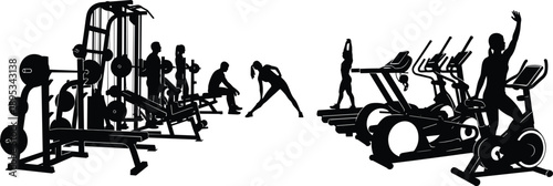 Silhouette illustration of people exercising in modern gym with fitness equipment, strength training machines, cardio treadmills, workout activities, healthy lifestyle concept isolated on white 